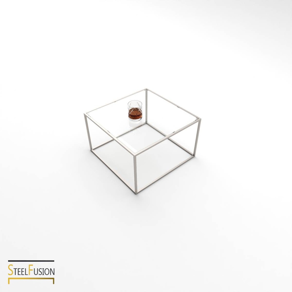 Cube Table Basse Inox 1 verre 4 barres basses